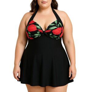 Cocoship Vintage Sailor Pin Up Halter Neck Swimsuit Floral Print Size 14